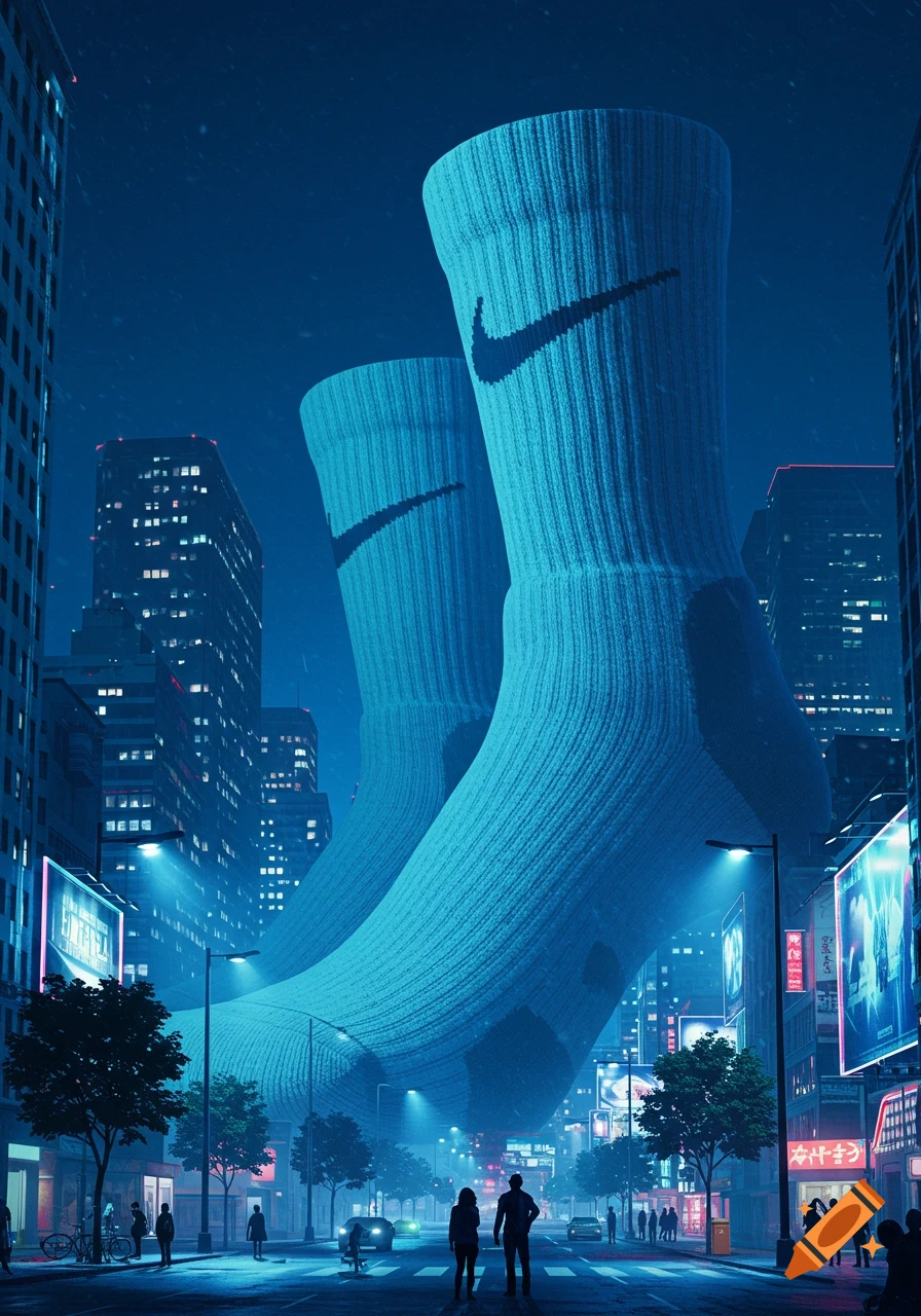 Massive blue Nike socks towering over a futuristic neon-lit city street at night.