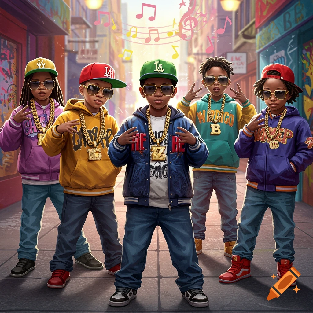Five children in hip-hop style outfits, wearing hats, sunglasses, chains, and hoodies, stand in a vibrant urban alleyway with musical notes floating above.