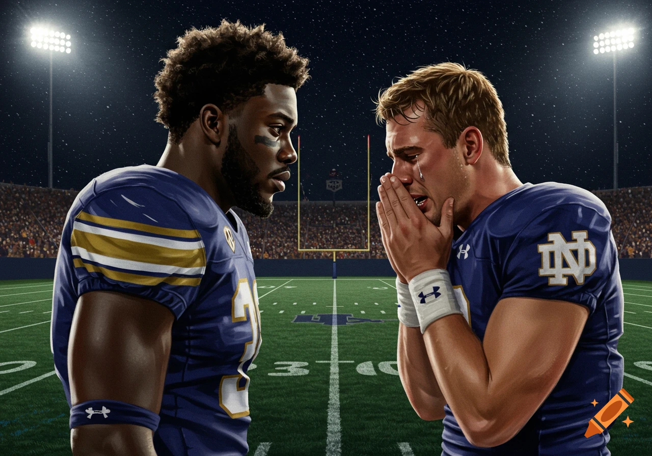 A photorealistic illustration of two football players on a field at night. One player, with dark skin, looks stoic. The other, with light skin, is crying with hands covering his face.