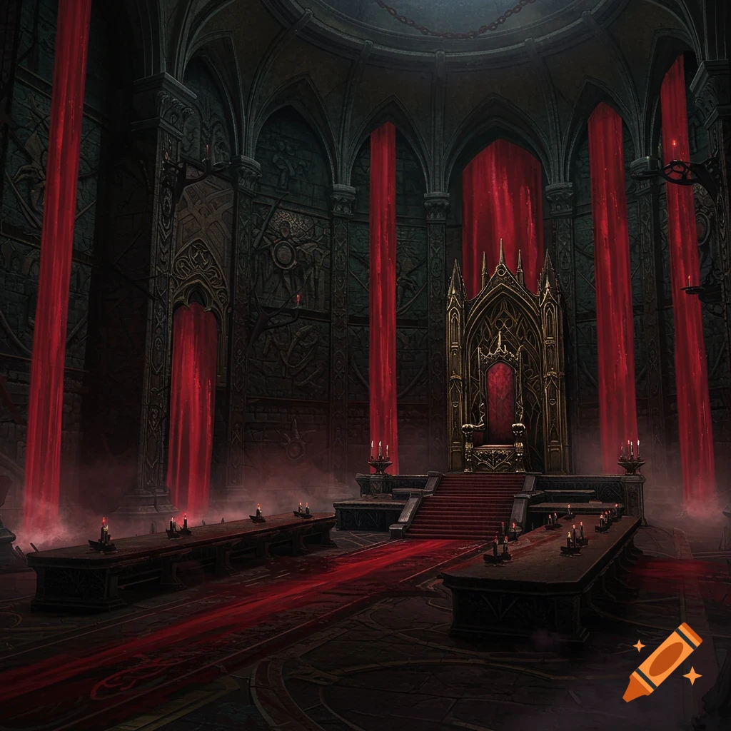 Dark gothic throne room with a golden throne, red drapes like blood waterfalls, and long tables with candles.