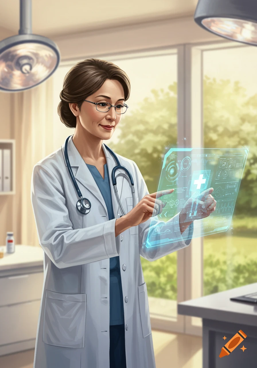 Female doctor in a white lab coat and glasses interacts with a glowing holographic display in a modern clinic, digital art.