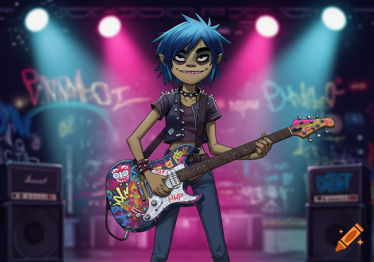 Noodle from Gorillaz, a cartoon character with blue hair, plays a graffiti-covered electric guitar on a neon-lit stage.