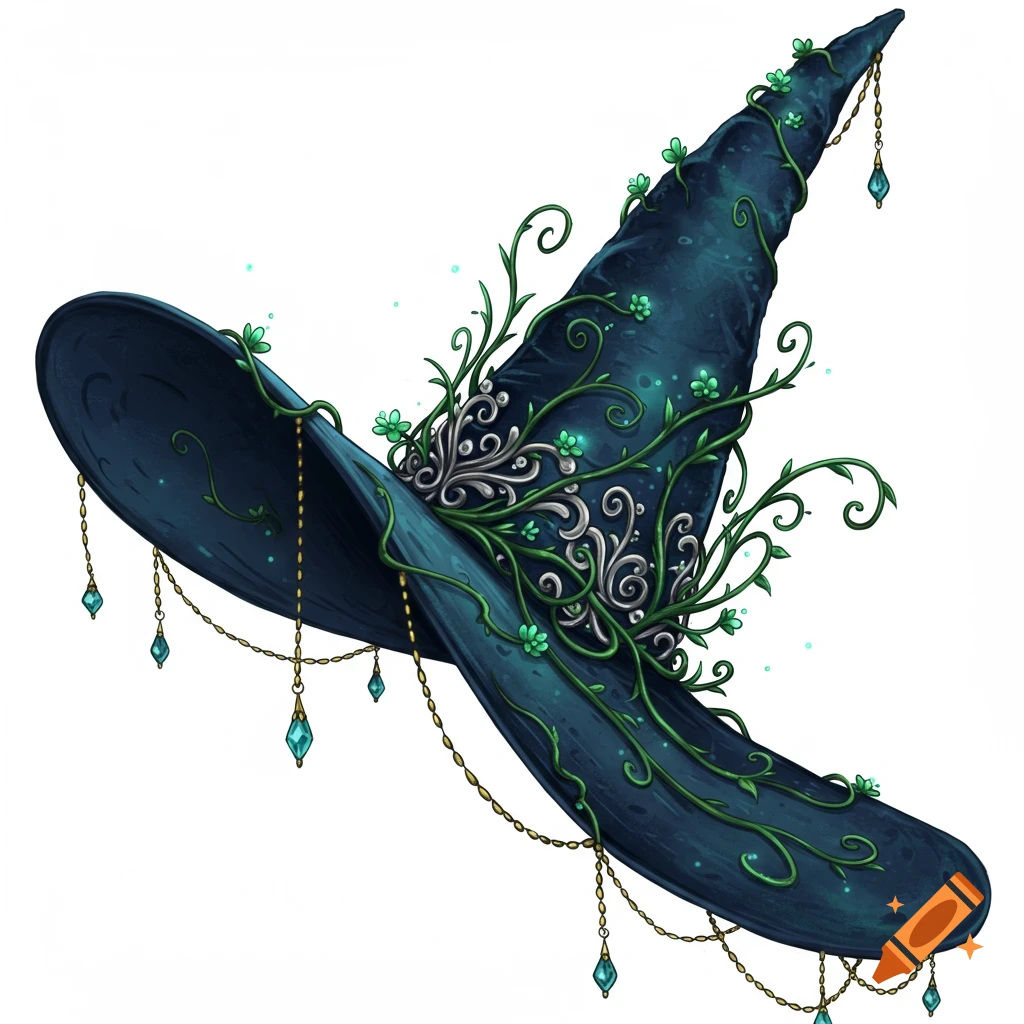 A dark teal witch's hat decorated with silver filigree, green vines, small turquoise flowers, and dangling gold chains with teal crystals.