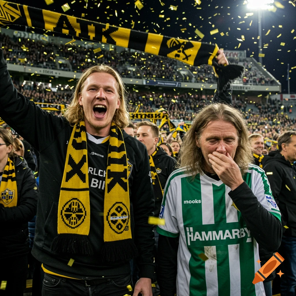 A jubilant blonde man in a black and yellow scarf celebrates at a crowded football stadium, confetti falling. Next to him, a long-haired man in a green and white jersey covers his mouth, looking distraught.