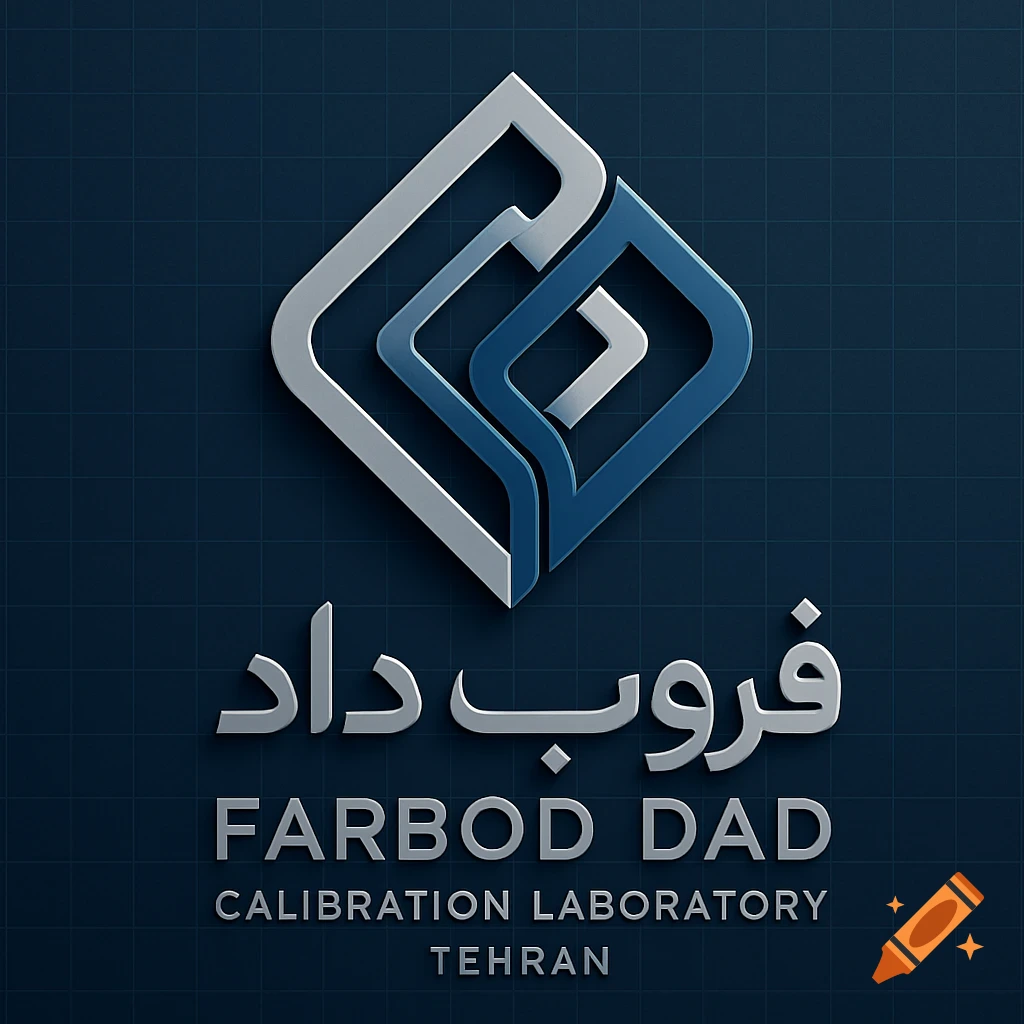 A 3D silver and blue logo for 'Farbod Dad Calibration Laboratory Tehran' on a dark blue grid background.