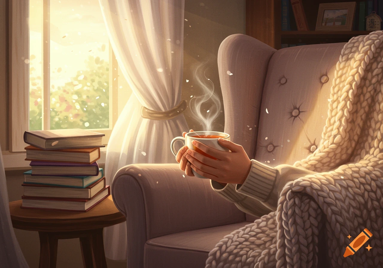 Digital illustration of a person holding a steaming cup of tea, sitting in a cozy armchair by a sunlit window with books.