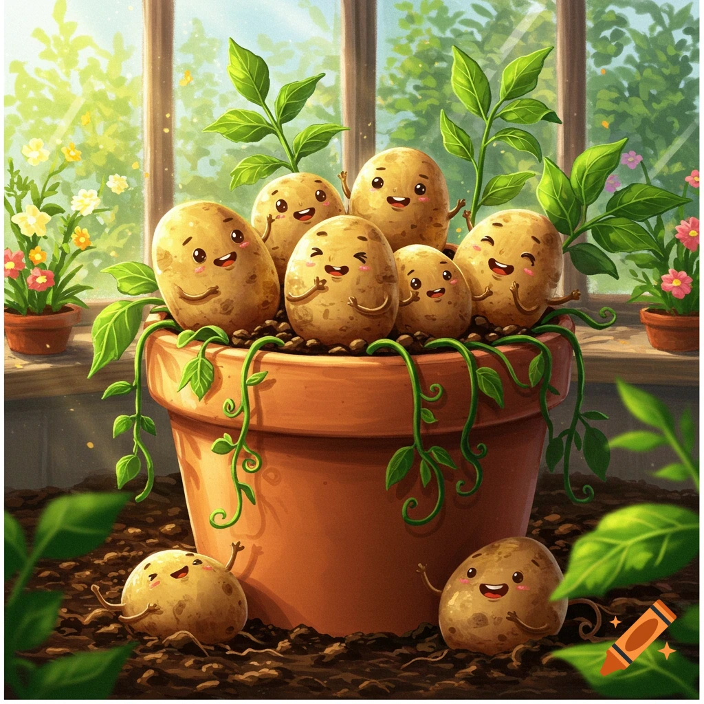Cartoon smiling potatoes growing in a terracotta pot with green sprouts in a sunny greenhouse.