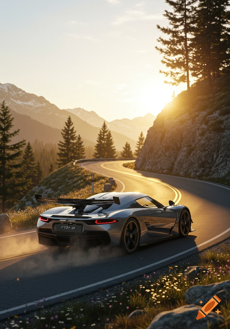 A photorealistic Koenigsegg Jesko drives on a winding mountain road at sunset, casting long shadows.