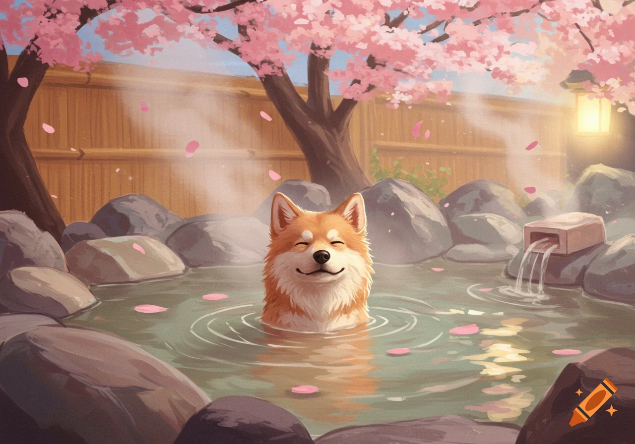 A happy Shiba Inu dog in a steamy hot spring under pink cherry blossoms, with petals floating on the water. Stylized illustration.
