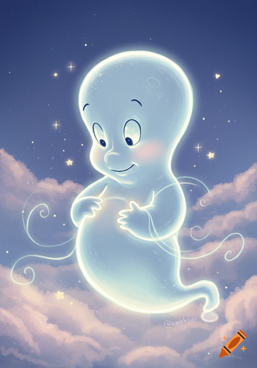 A glowing, pregnant Casper the Friendly Ghost floats amidst clouds and stars, clutching his belly in a whimsical cartoon style.