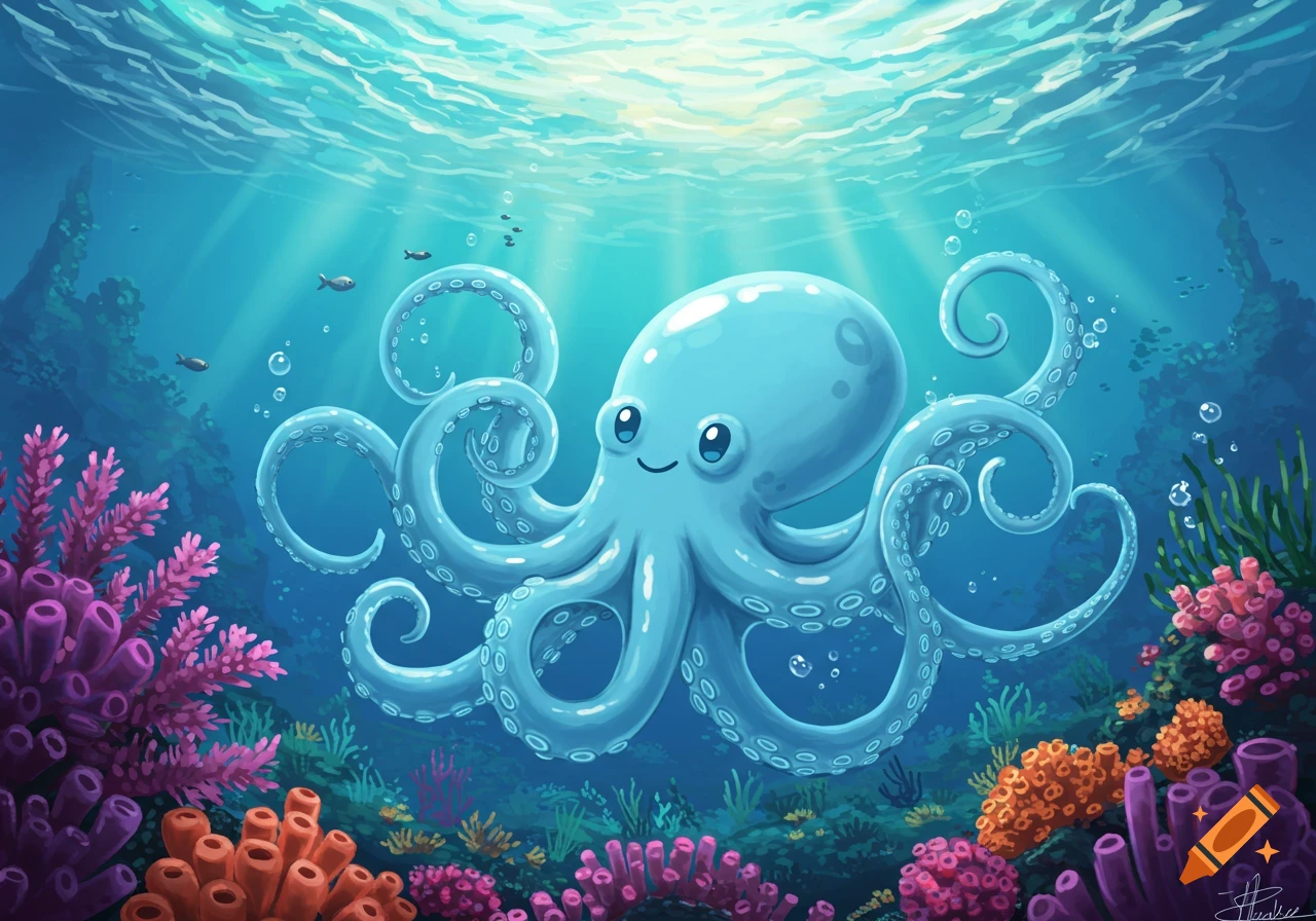 A cute, light blue cartoon octopus smiles underwater, surrounded by colorful coral, small fish, and sun rays.