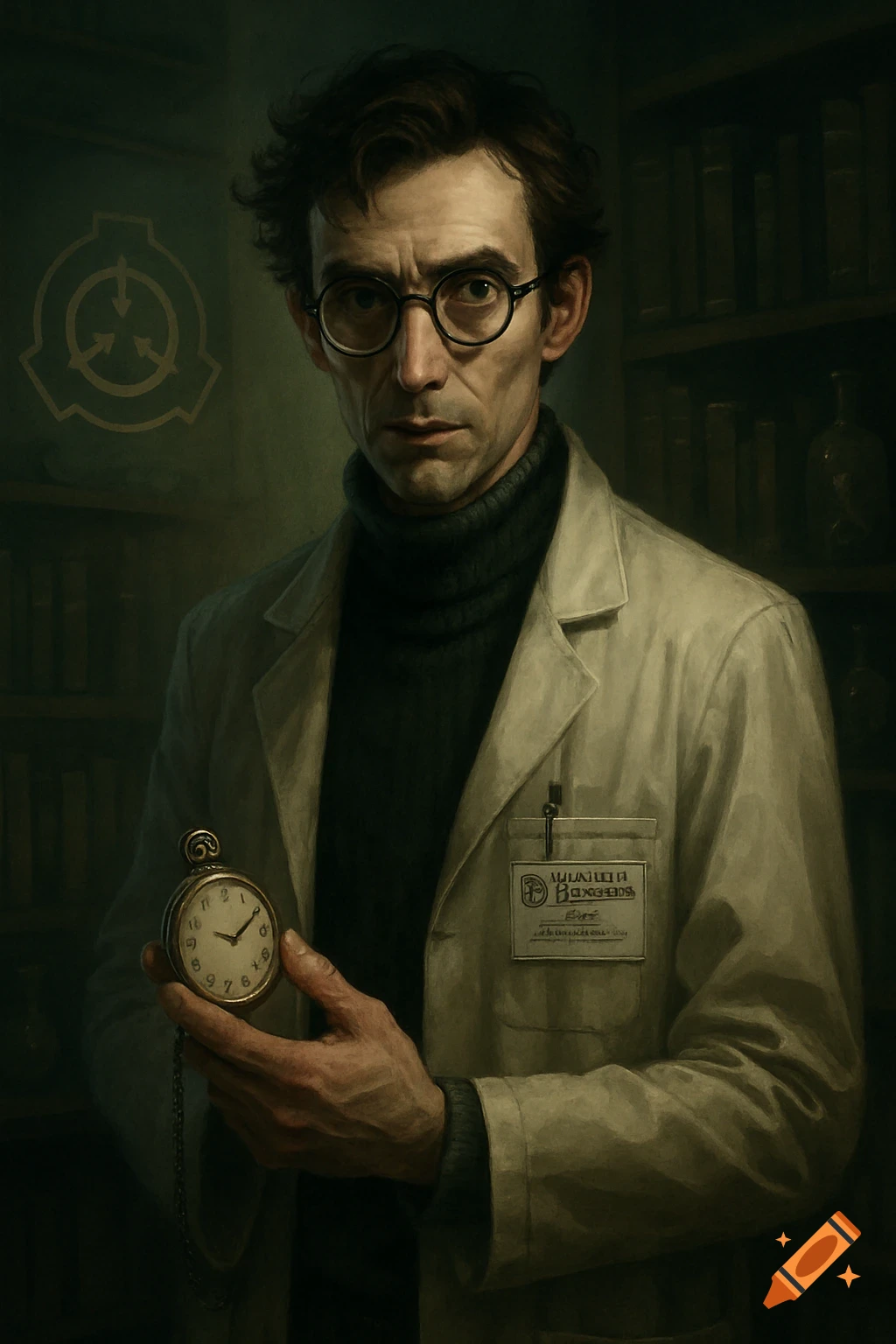 A gaunt, dark-haired male scientist in thick-rimmed glasses and a lab coat over a turtleneck, holding a pocket watch. An SCP logo is faintly visible in the background, with shelves of books behind him. The image has a dark, painterly style.