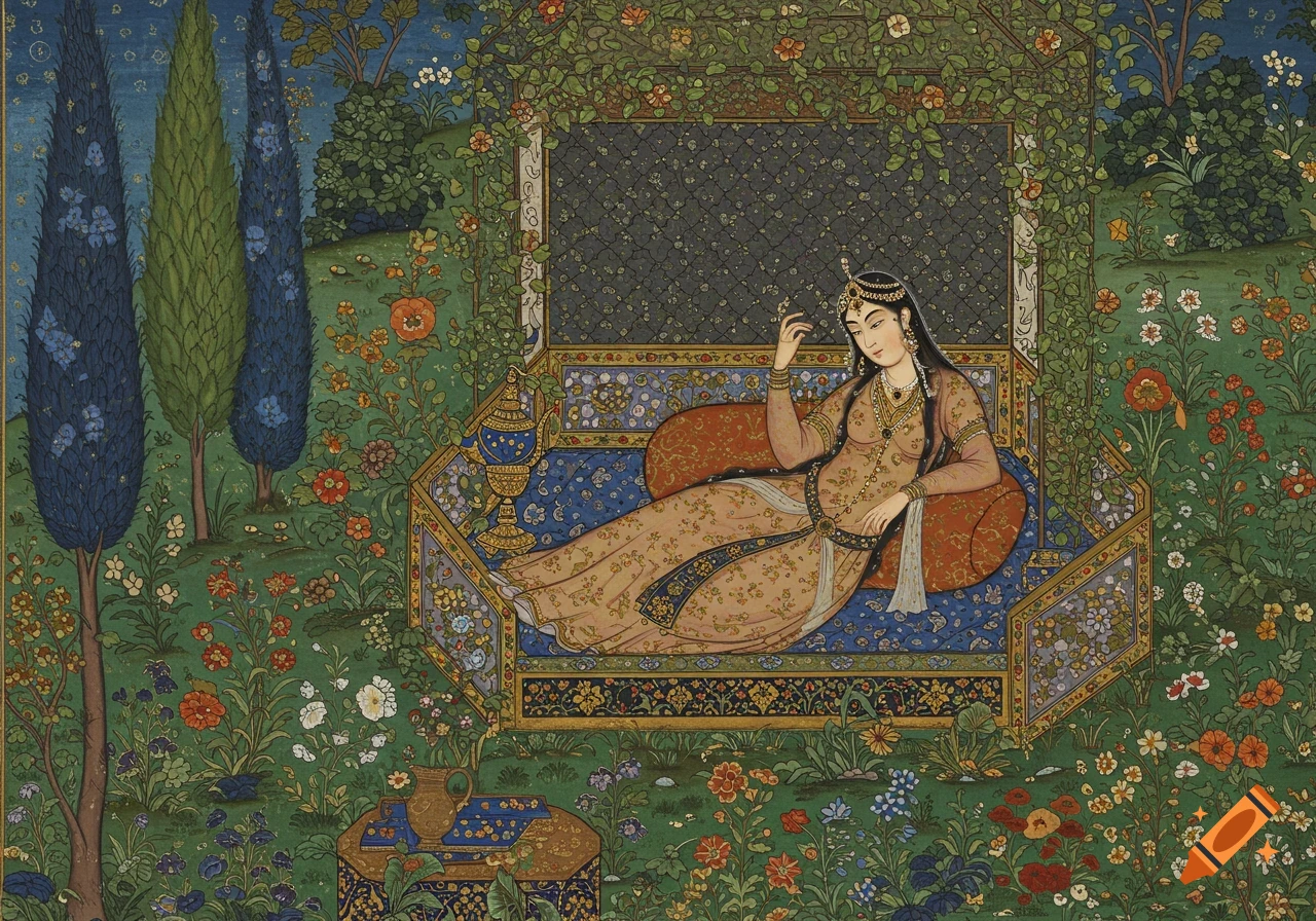 Persian miniature painting of a woman in traditional dress reclining on a couch in a lush, stylized garden.