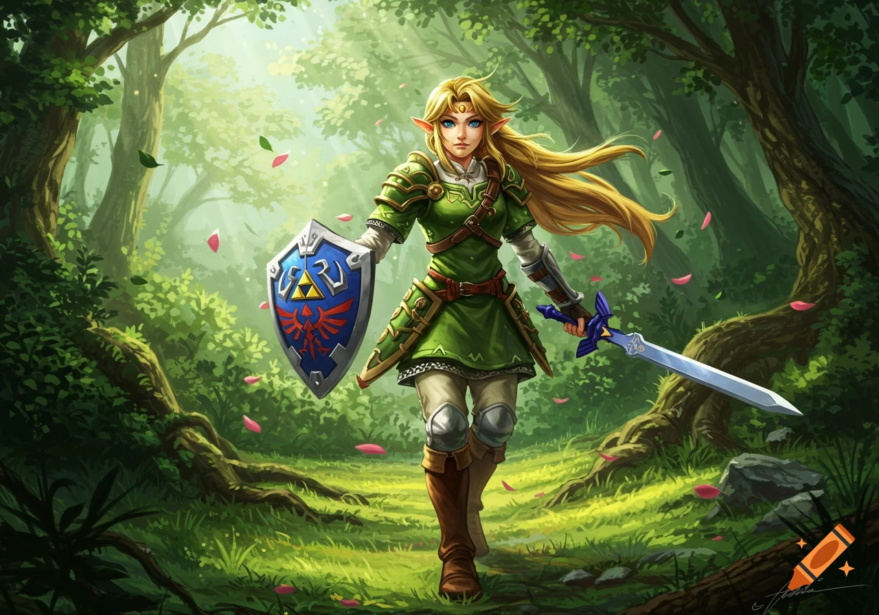 A female Link in a green tunic and armor, holding a shield and Master Sword, walks through a sunlit, lush fantasy forest.