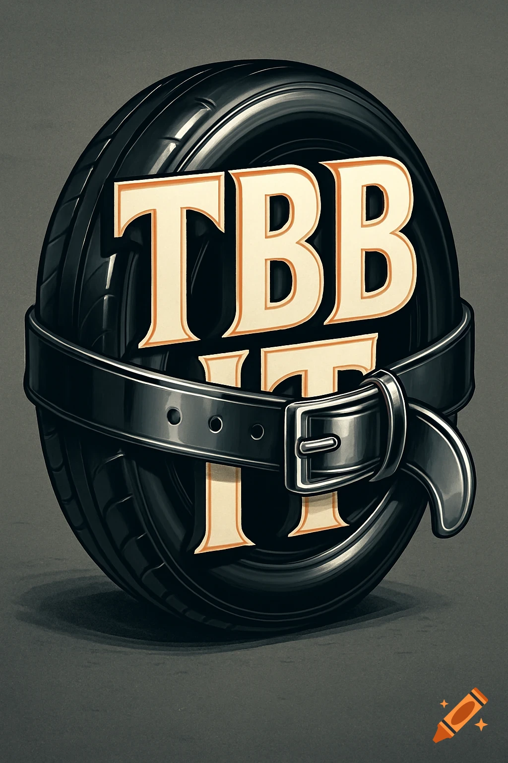 A stylized black car tire with the text 'TBB IT' embedded, cinched around the middle by a dark leather belt with a metal buckle.