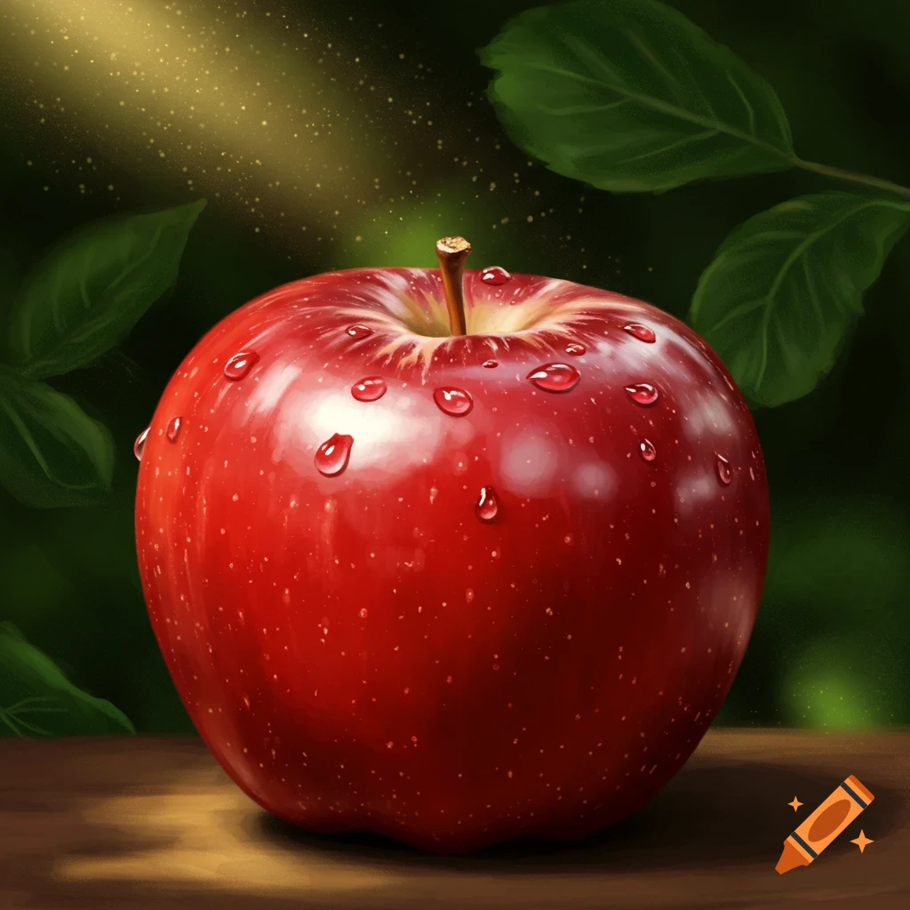 A photorealistic red apple covered in water droplets with a stem, set against a dark background with green leaves and rays of light.