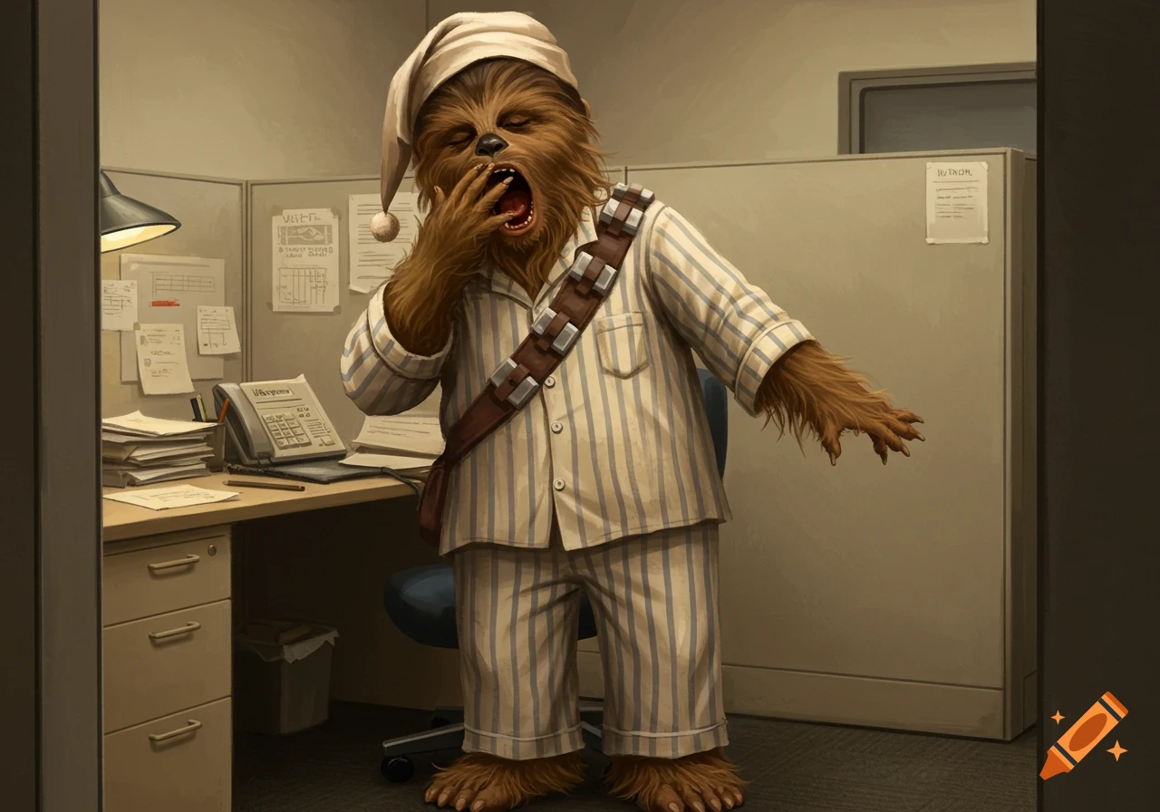 A sleepy Wookie in striped pajamas and stocking cap yawns in a beige office cubicle.
