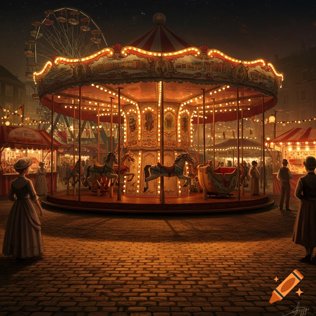 A vintage fairground at night, illuminated with warm lights, featuring a grand carousel and people dressed in old-fashioned clothing.