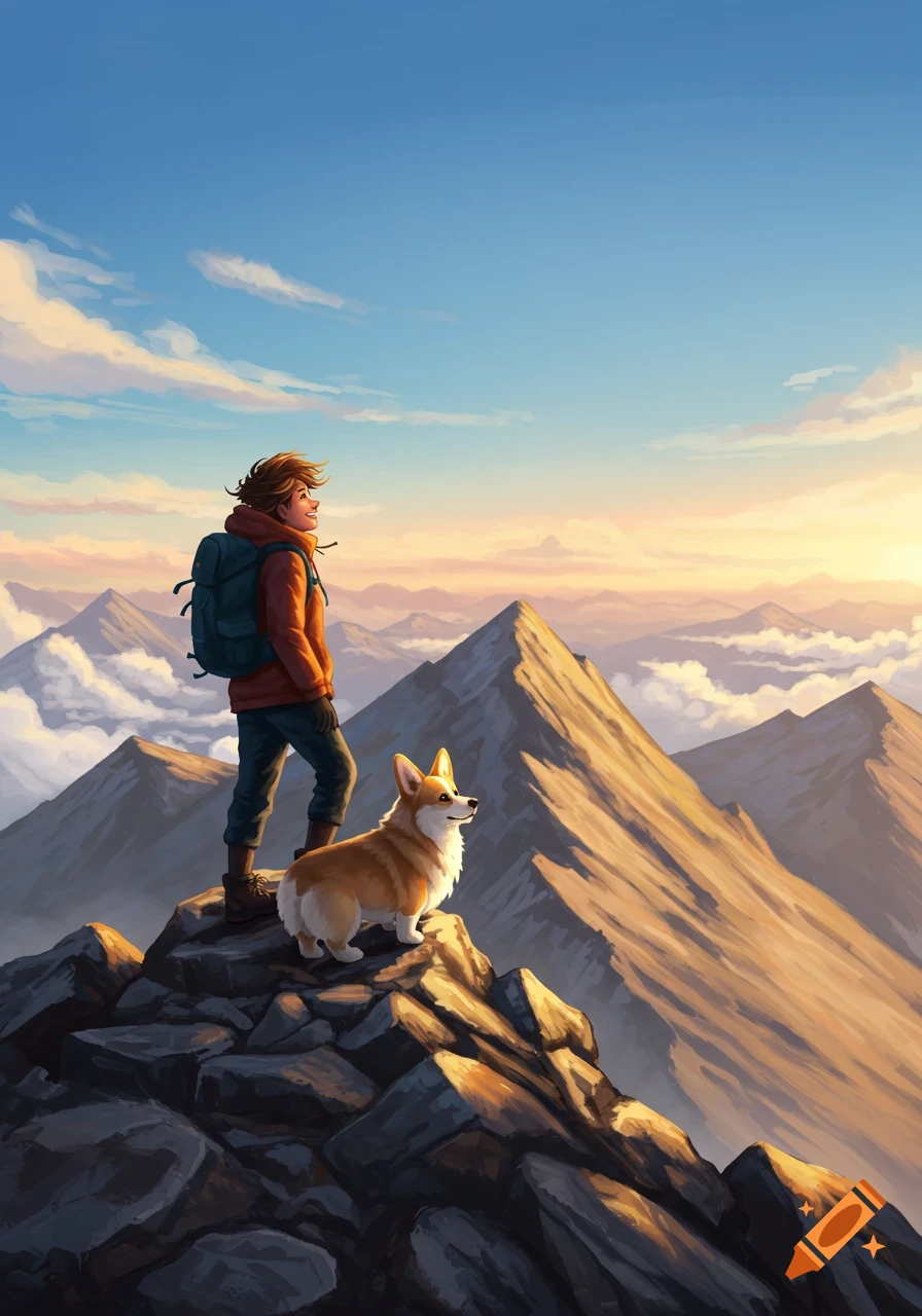 Illustrated hiker and corgi on a mountain peak, overlooking a vast range at sunrise.
