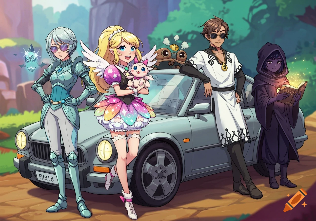 Vibrant cartoon of four fantasy characters including an armored woman, a magical girl with a winged creature, a man in a tunic, and a cloaked figure, standing beside a grey car.