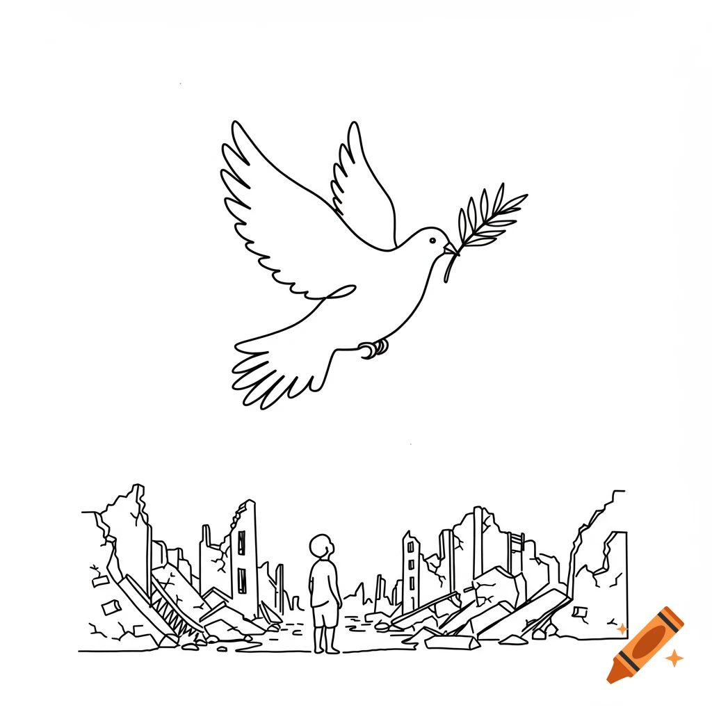 Simple black line drawing of a dove with an olive branch flying over ruined buildings where a child stands looking up.