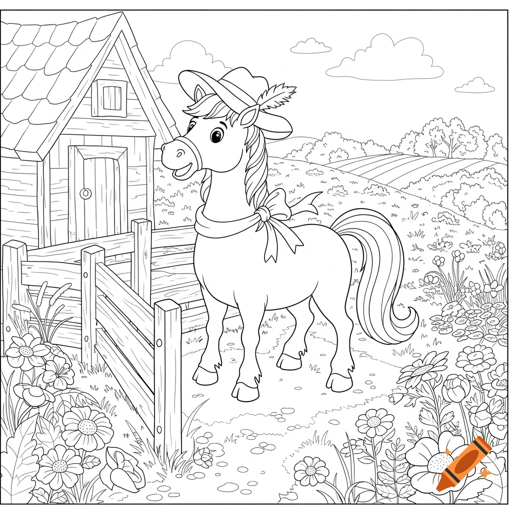 Black and white coloring page of a cute horse with a hat and bow in a flowery farm scene with a barn and fence.