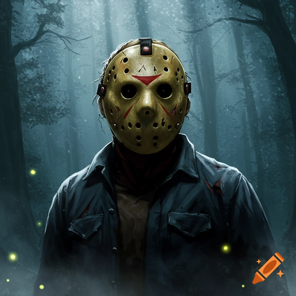 A stylized illustration of Jason Voorhees wearing his iconic hockey mask, standing in a dark, misty forest with glowing fireflies.
