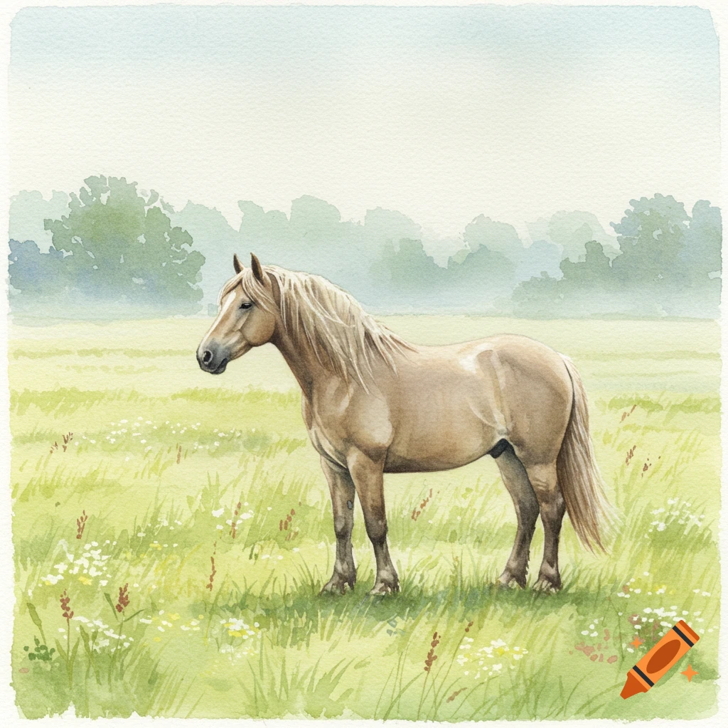 Watercolor painting of a light brown horse with a blonde mane standing in a green meadow with wildflowers.