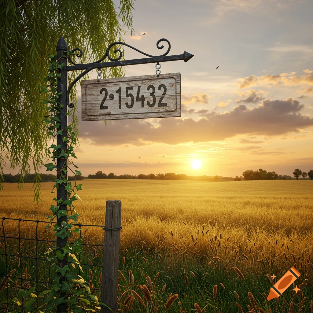 A rustic address sign hangs from a metal post with ivy, overlooking a golden field at sunset.