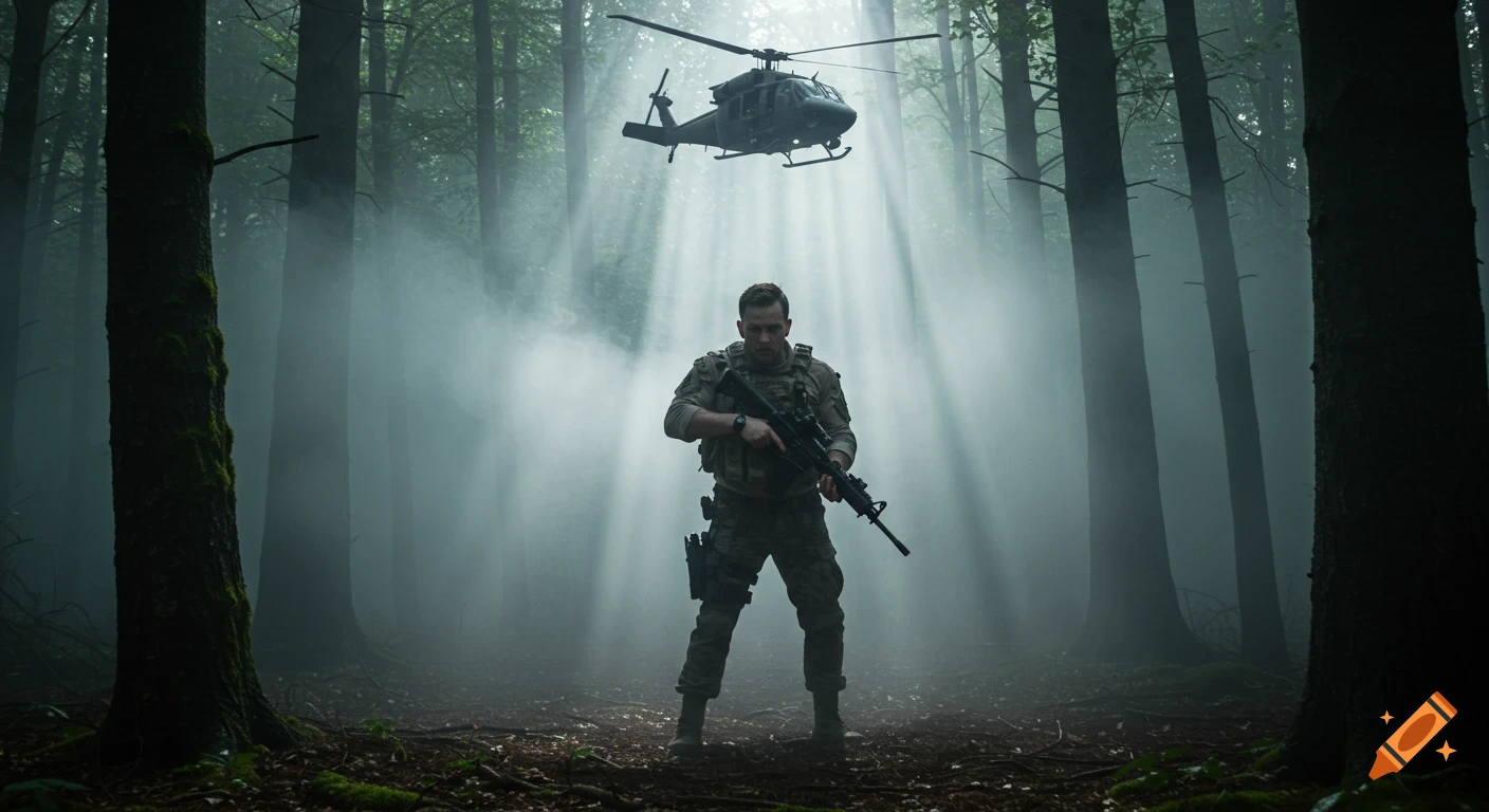 A photorealistic soldier with a rifle stands in a foggy forest as a military helicopter hovers above.
