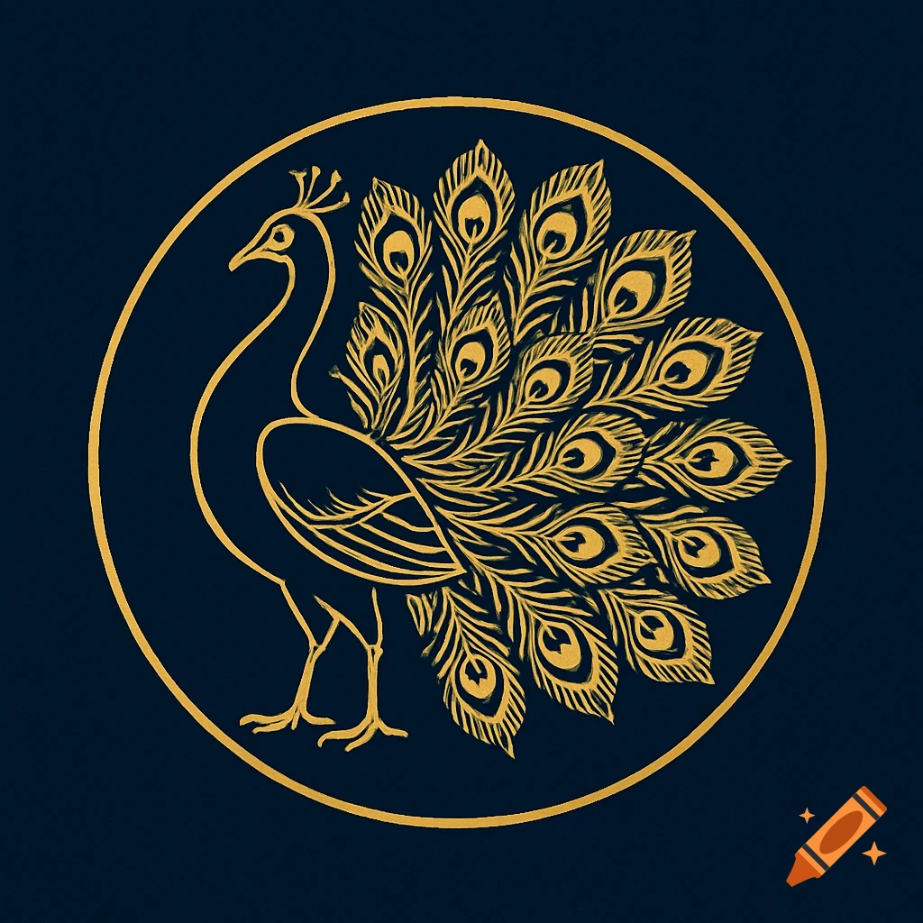 Elegant gold line art peacock logo with a fanned tail inside a circle on a deep blue background.
