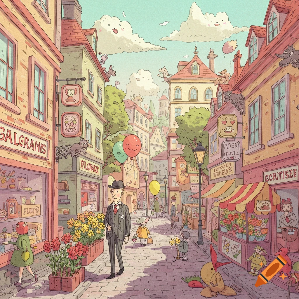 A whimsical cartoon illustration of a busy city street with shops, flowers, people, and flying creatures in the sky.