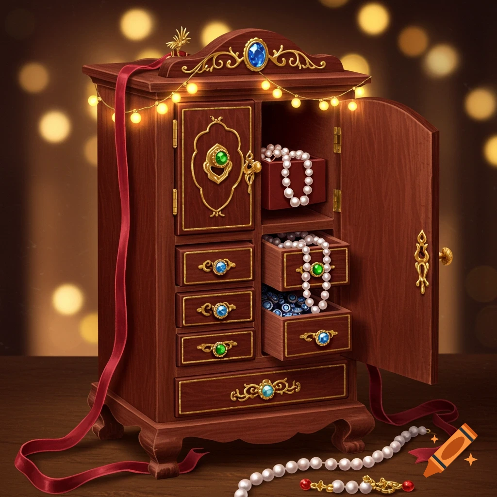 A detailed illustration of a wooden jewelry cabinet, decorated with festive lights and a red ribbon, open to reveal pearl necklaces and other gems.