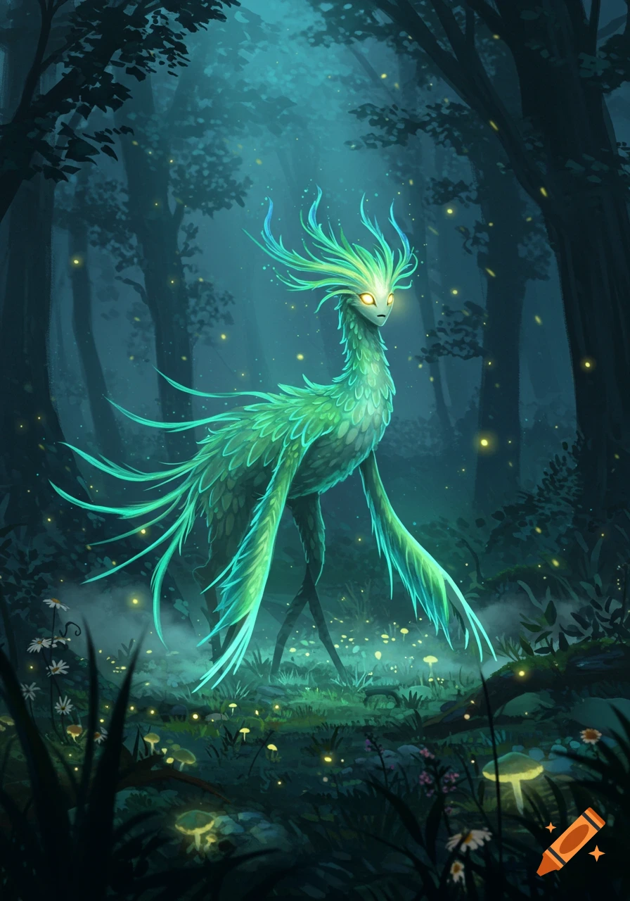 A vibrant green, feathery creature with glowing eyes stands in a dark, mystical forest illuminated by fireflies and bioluminescent plants.