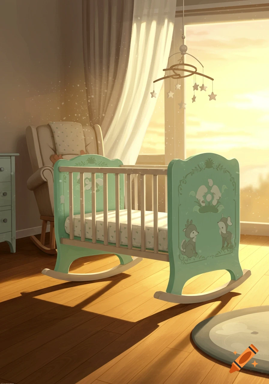A brightly lit nursery room with a mint green rocking baby crib, a white rocking chair, and a star mobile, bathed in warm sunset light.