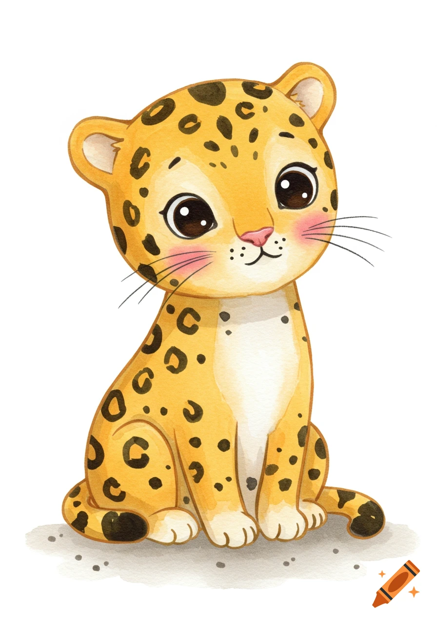 A whimsical watercolor illustration of a cute sitting jaguar cub with large round eyes and pink cheeks on a white background.