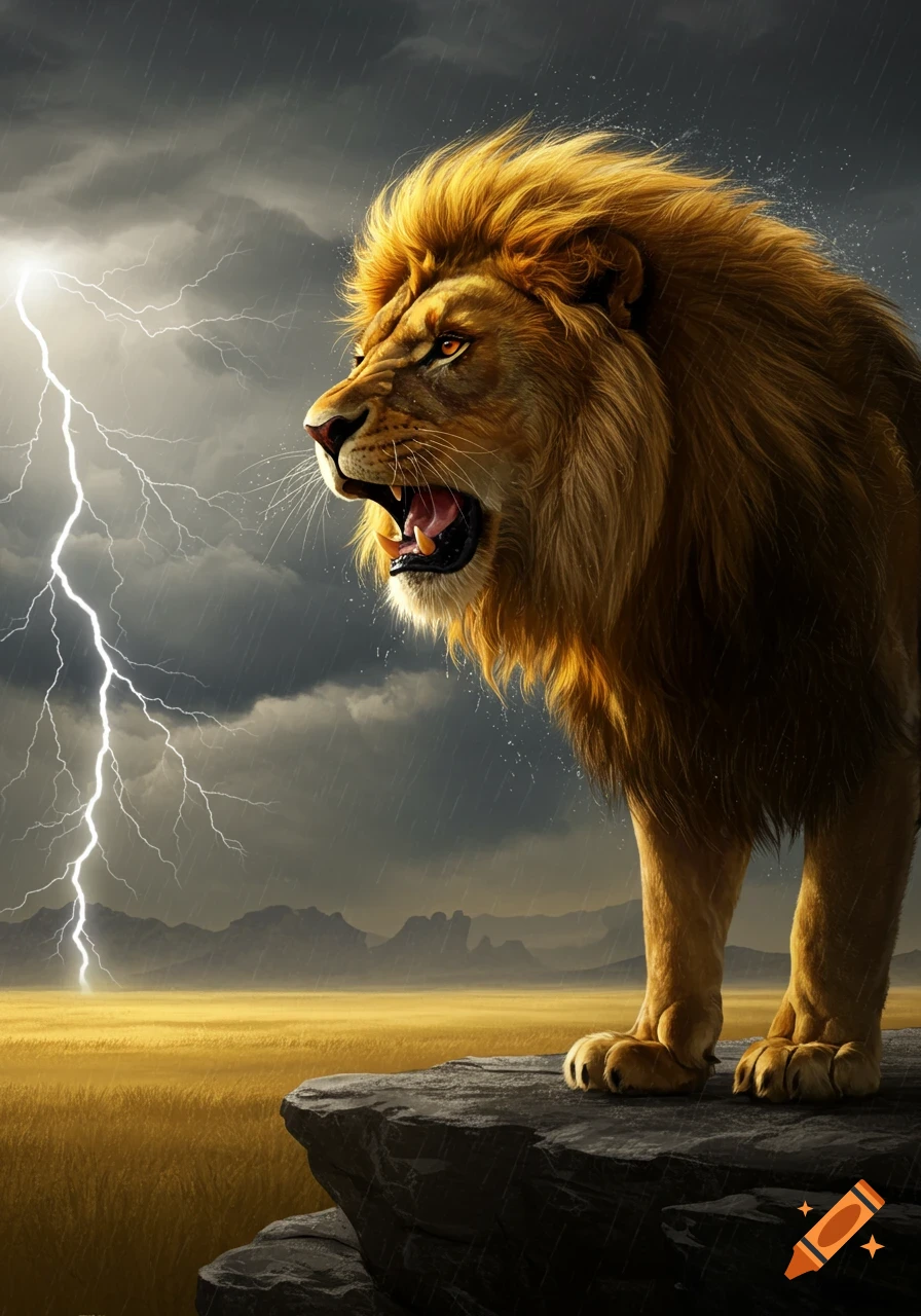 A fierce lion roars on a rock in a savanna during a dramatic thunderstorm with lightning. Photorealistic style.