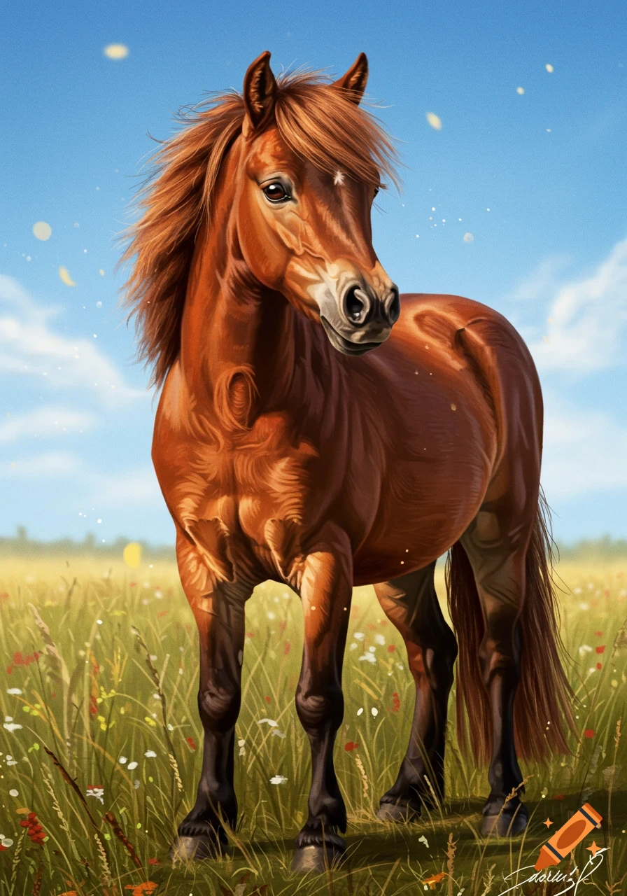 A detailed illustration of a brown horse with a flowing mane standing in a sunny field of wildflowers under a blue sky.