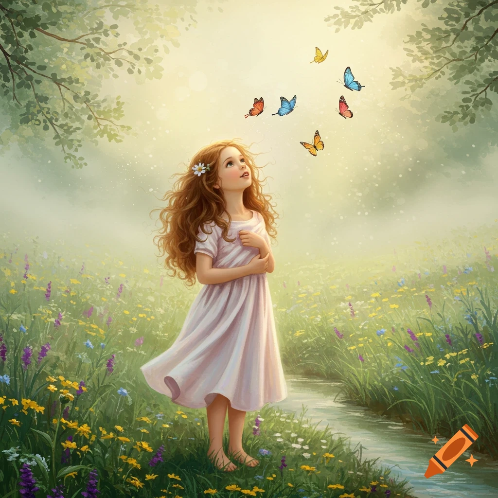 Whimsical illustration of a young girl looking up at colorful butterflies in a sunny wildflower field with a stream.
