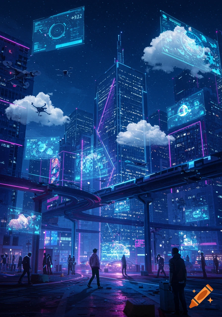 A vibrant cyberpunk cityscape at night, featuring towering skyscrapers, neon lights, drones, and holographic data displays floating in the sky.
