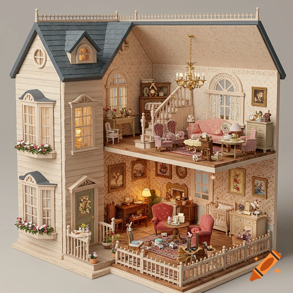 Highly detailed, multi-story dollhouse with intricately furnished rooms, miniature furniture, and decorative accents.