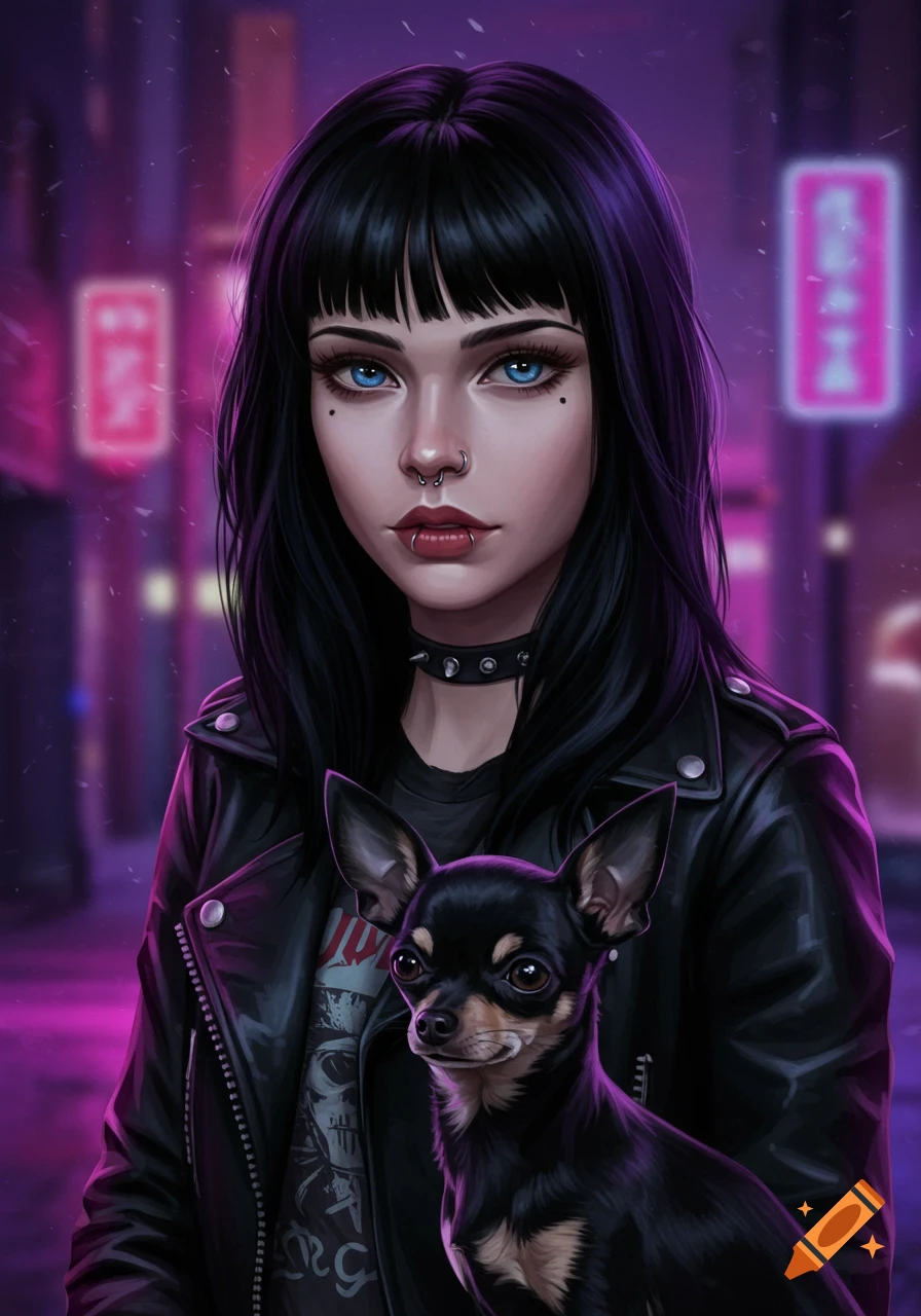 Digital art portrait of a gothic woman with blue eyes, piercings, and a black chihuahua, against a neon city backdrop.
