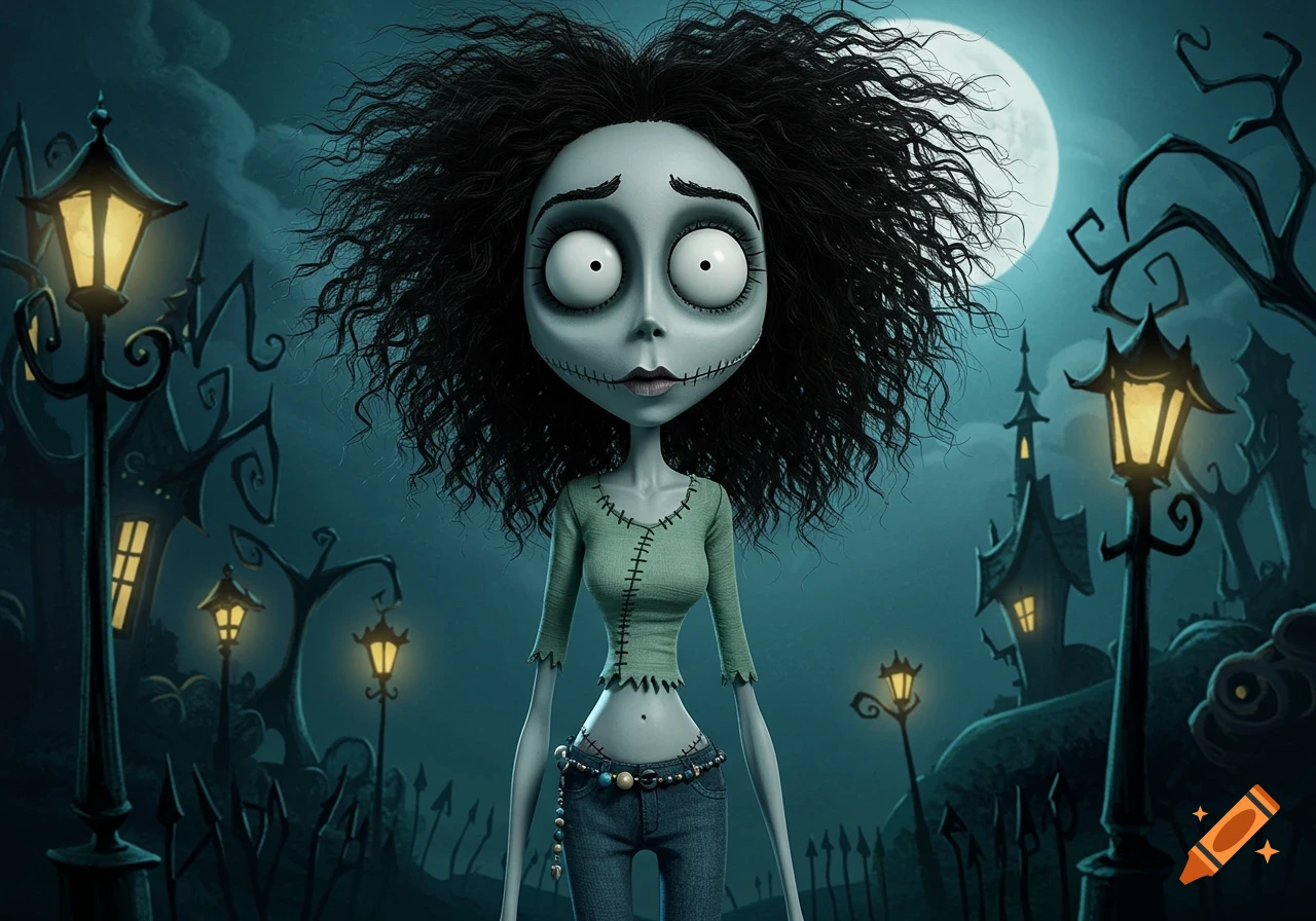 A pale, large-eyed gothic cartoon character with messy hair and stitched features, in an eerie town under a full moon.