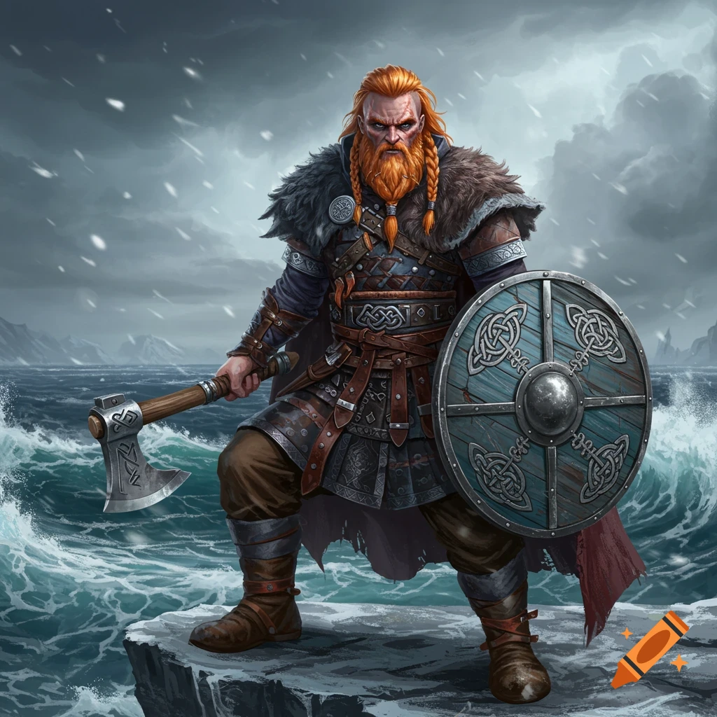 A fierce red-haired viking warrior in fur and leather armor, holding an axe and shield, stands on a stormy sea cliff.
