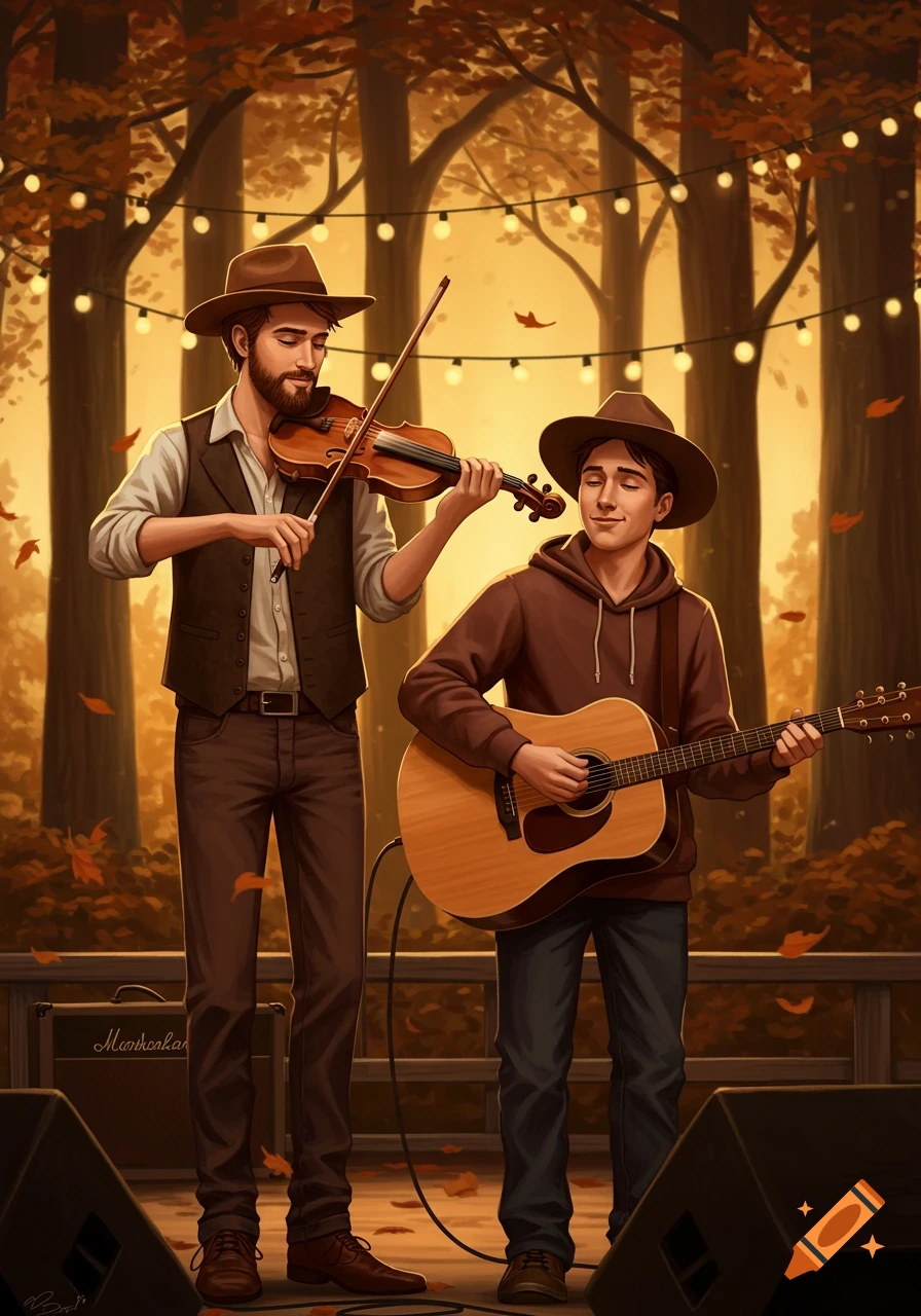 Two men, one with a fiddle and the other with a guitar, play music on an outdoor stage in an autumnal forest setting, with string lights overhead.