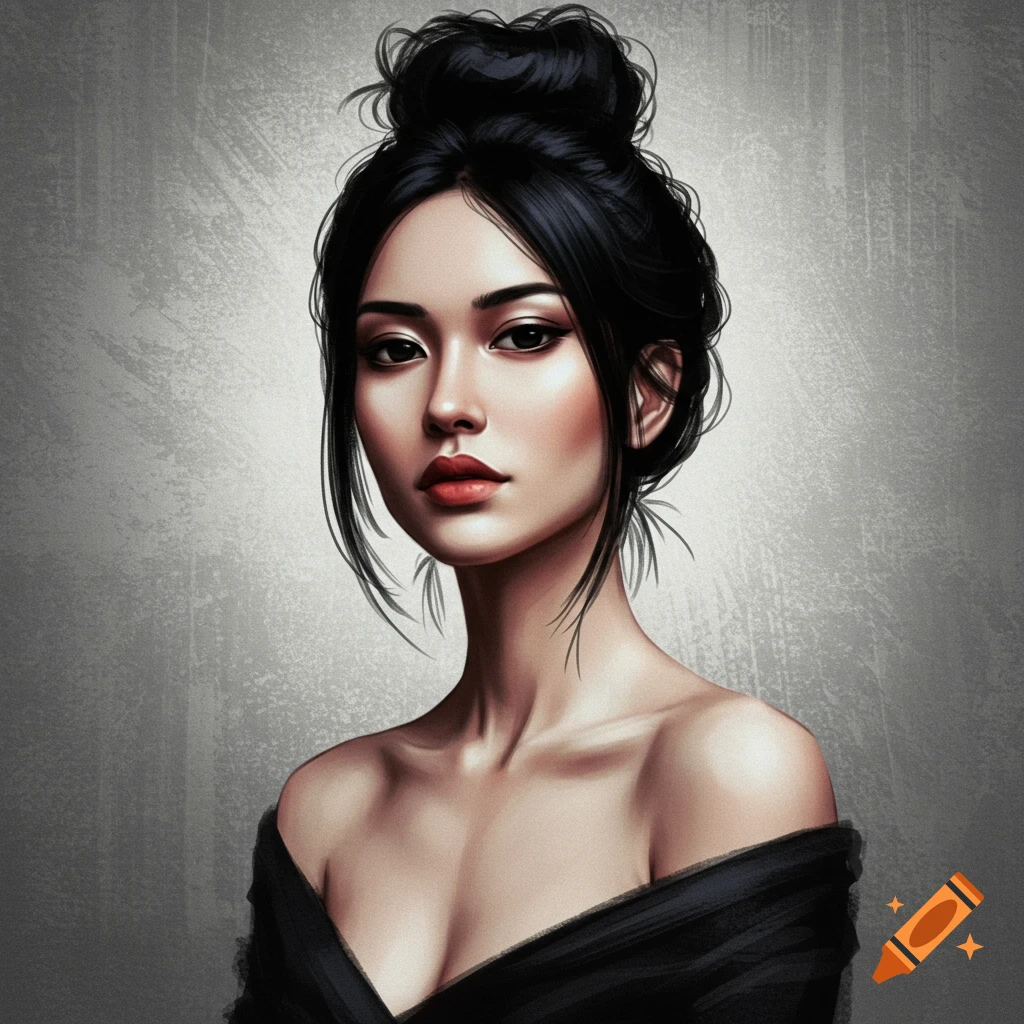 Digital painting of a woman with black hair in a messy bun, wearing an off-shoulder black top, against a textured gray background.