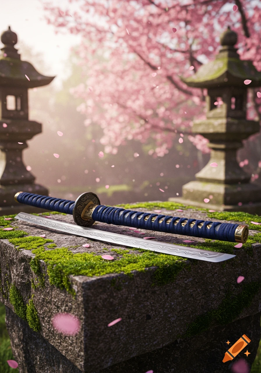 A blue-hilted katana sword lies on a mossy stone block in a Japanese garden with pink cherry blossoms falling.