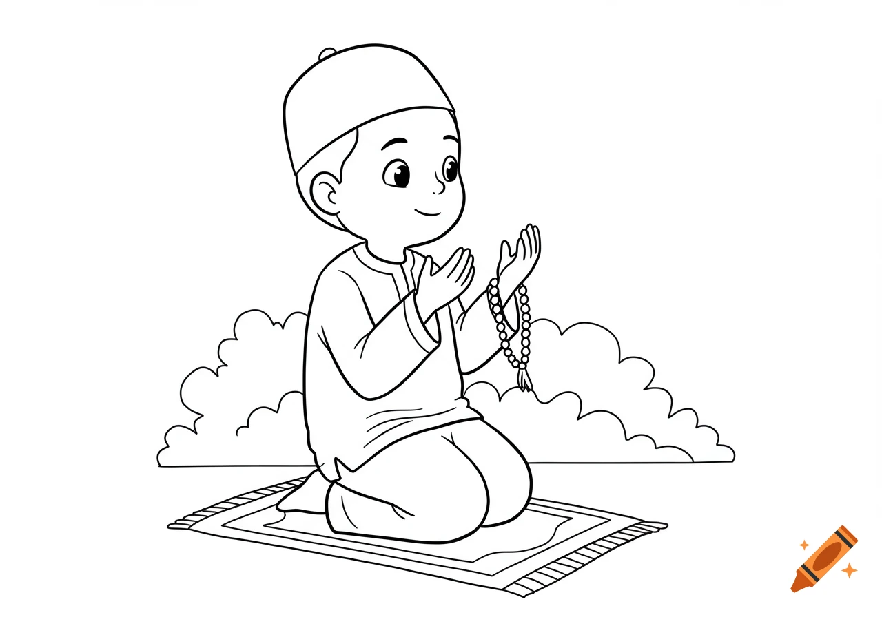 Black-and-white line art of a cartoon Muslim child kneeling on a prayer mat, holding prayer beads, and praying.