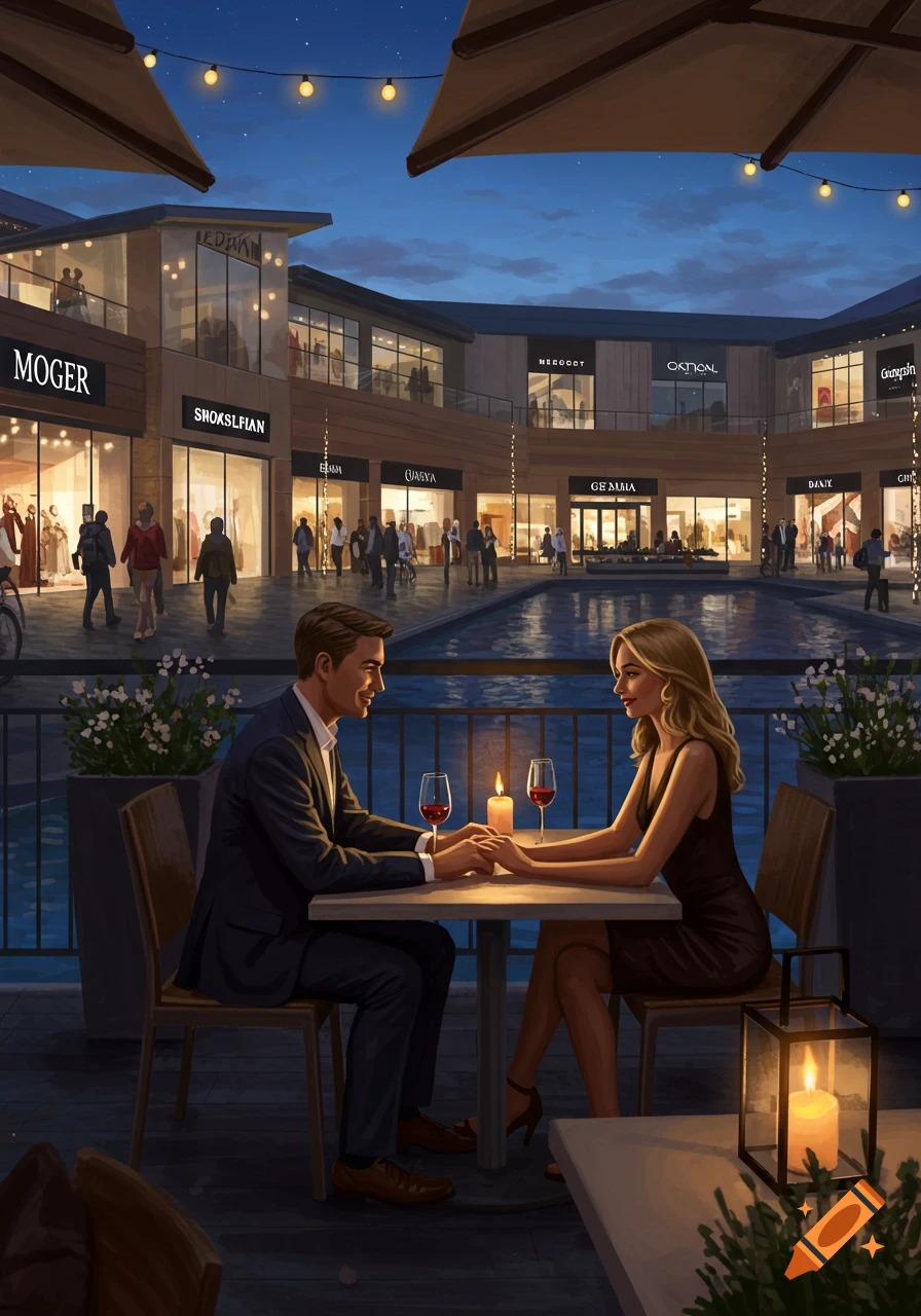 A man and woman hold hands at a candlelit table, dining at an outdoor mall plaza at dusk. Illustrated style.