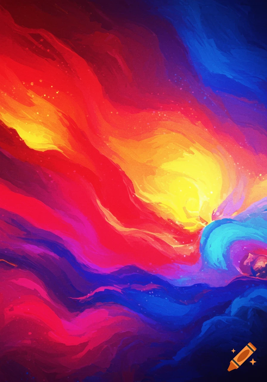 Vibrant abstract digital painting with flowing waves of red, orange, yellow, blue, and purple colors.